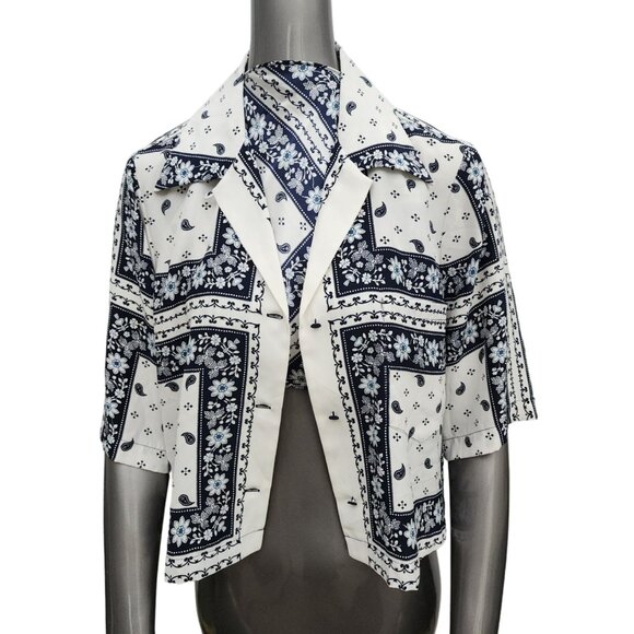 Cinq a Sept New NWT Dani Blue Floral Cropped Button Silk Shirt Top Scarf Large - Picture 8 of 10